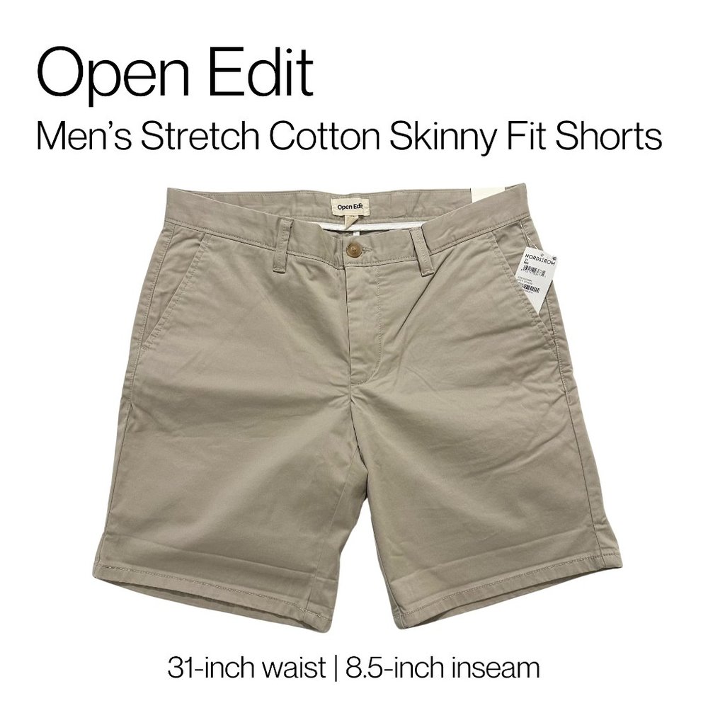 Open Edit Stretch Cotton Skinny Chino Shorts in Khaki | 31 Waist | NWT